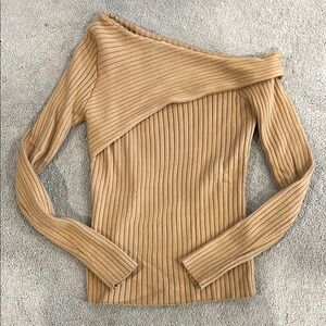 Heartloom Camel Off-Shoulder Ribbed Sweater